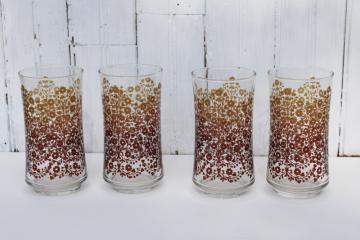 catalog photo of vintage Libbey glass tumblers, retro golden brown flowers print drinking glasses 