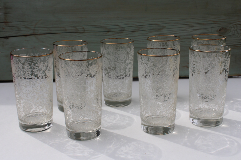 photo of vintage Libbey glass tumblers, white lace texture pattern set of 8 highball glasses #1