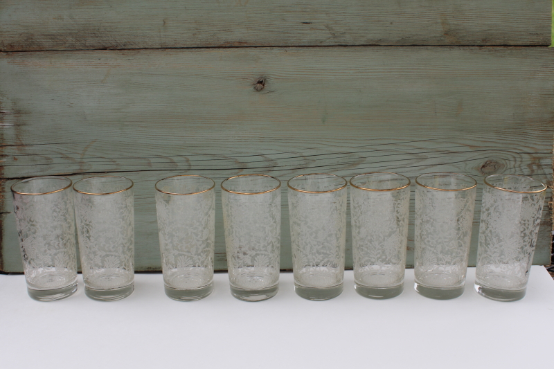 photo of vintage Libbey glass tumblers, white lace texture pattern set of 8 highball glasses #2