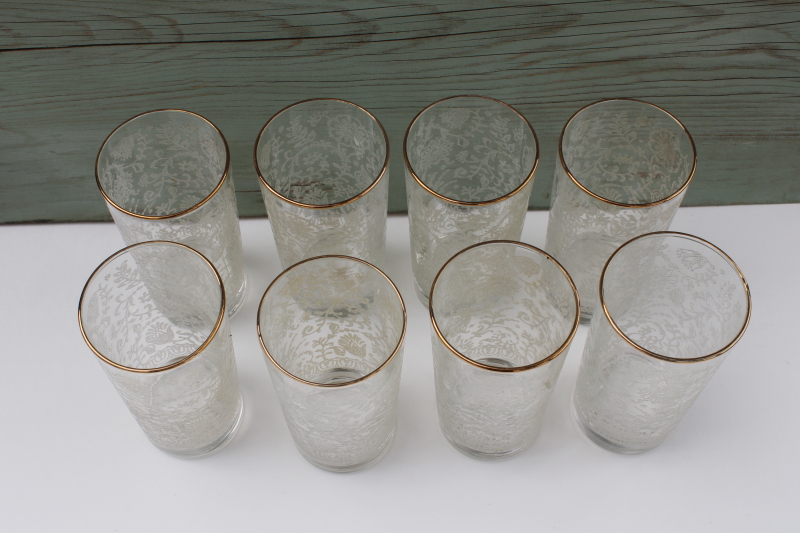 photo of vintage Libbey glass tumblers, white lace texture pattern set of 8 highball glasses #3