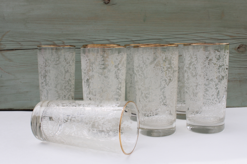 photo of vintage Libbey glass tumblers, white lace texture pattern set of 8 highball glasses #4