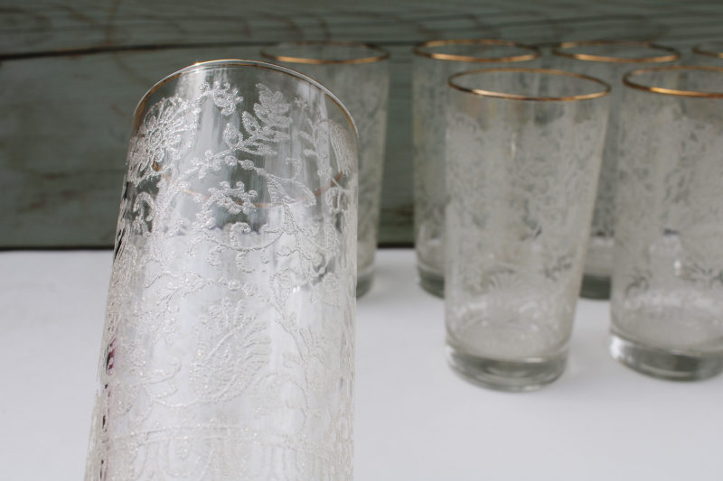 photo of vintage Libbey glass tumblers, white lace texture pattern set of 8 highball glasses #5