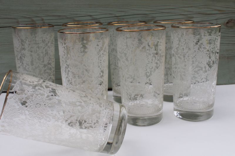 photo of vintage Libbey glass tumblers, white lace texture pattern set of 8 highball glasses #6