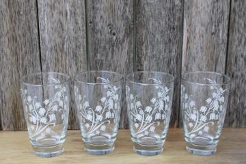 catalog photo of vintage Libbey glass tumblers w/ white lily of the valley flowers, drinking glasses set