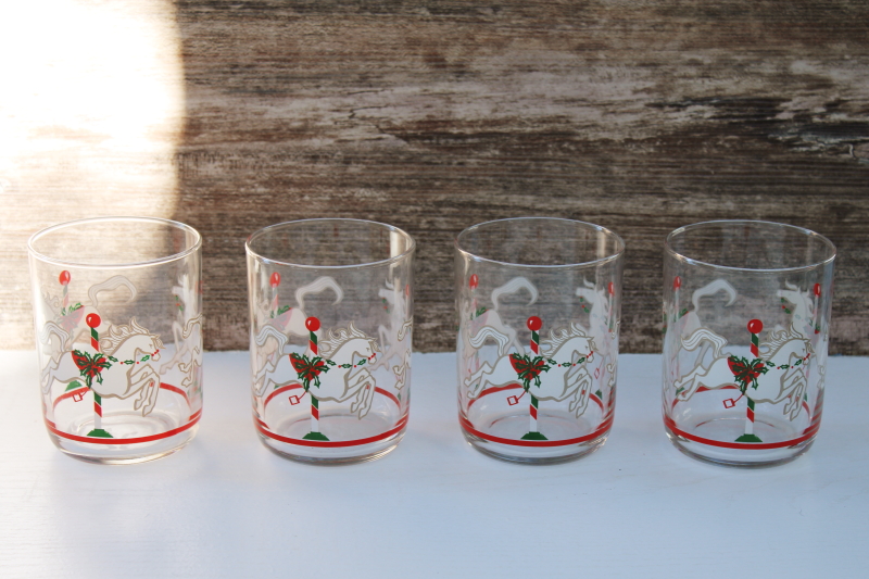 photo of vintage Libbey glasses, Christmas red & green carousel horses holiday barware old fashioned tumblers #1