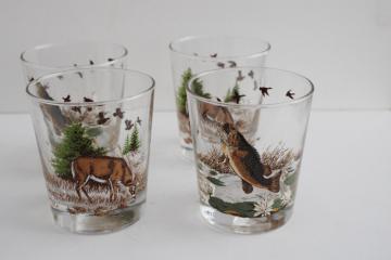 catalog photo of vintage Libbey lowball tumblers w/ fish & deer fisherman hunter sportsman drinking glasses