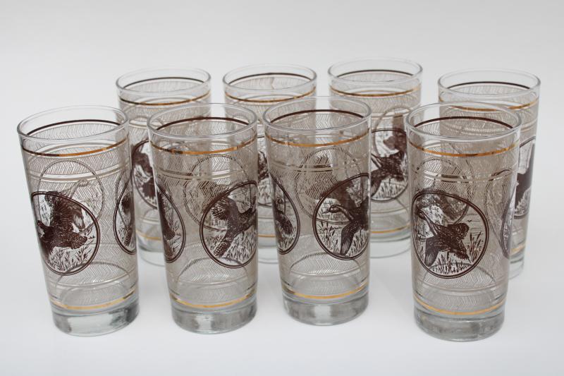 photo of vintage Libbey man cave drinks glasses, game bird pattern tumblers set of 8 #1