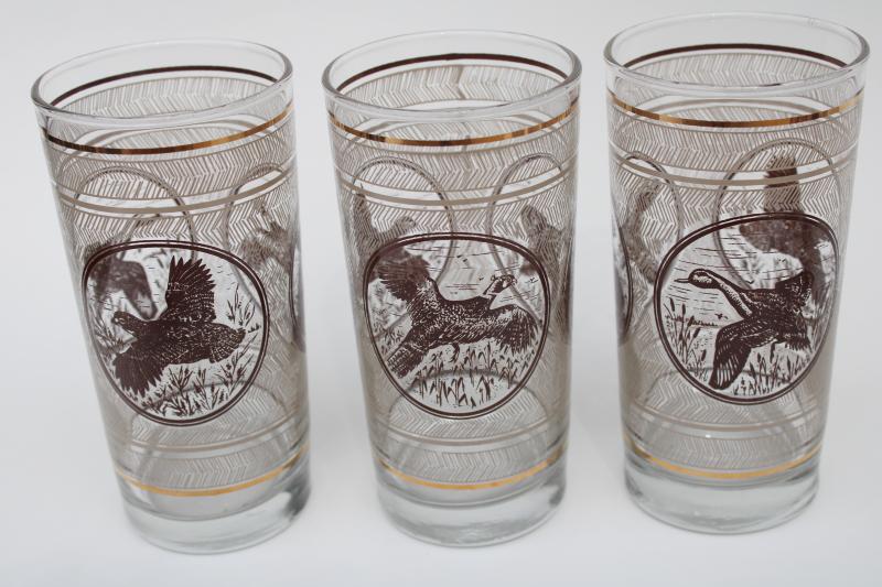 photo of vintage Libbey man cave drinks glasses, game bird pattern tumblers set of 8 #2