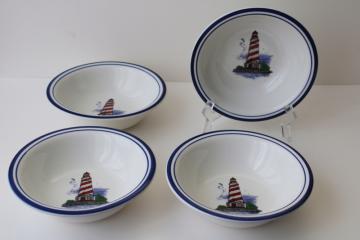 catalog photo of vintage Libbey restaurant ware ironstone china soup bowls, nautical lighthouse