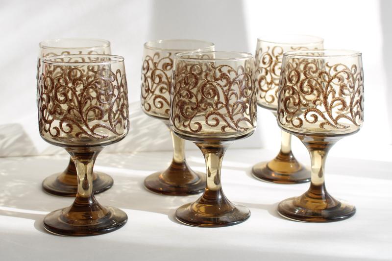 photo of vintage Libbey tawny smoke glass wine glasses, Impromptu Prado brown scrolls #1