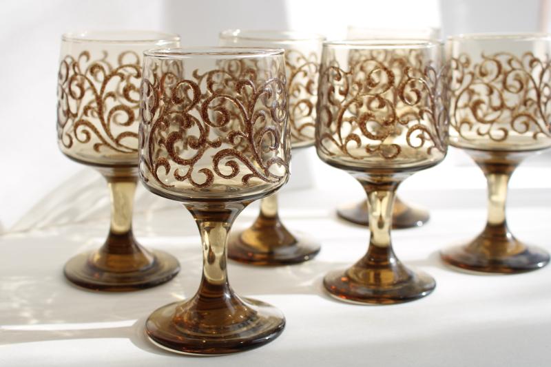 photo of vintage Libbey tawny smoke glass wine glasses, Impromptu Prado brown scrolls #2