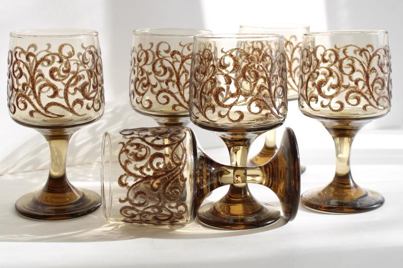 photo of vintage Libbey tawny smoke glass wine glasses, Impromptu Prado brown scrolls #3