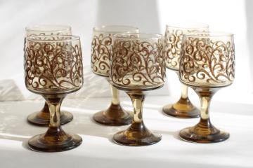 catalog photo of vintage Libbey tawny smoke glass wine glasses, Impromptu Prado brown scrolls