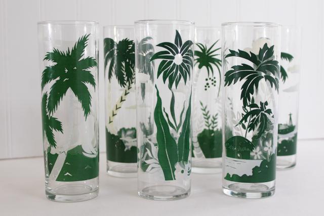 photo of vintage Libbey tiki zombie glasses, tall tumblers w/ tropical scenes, palm trees #1