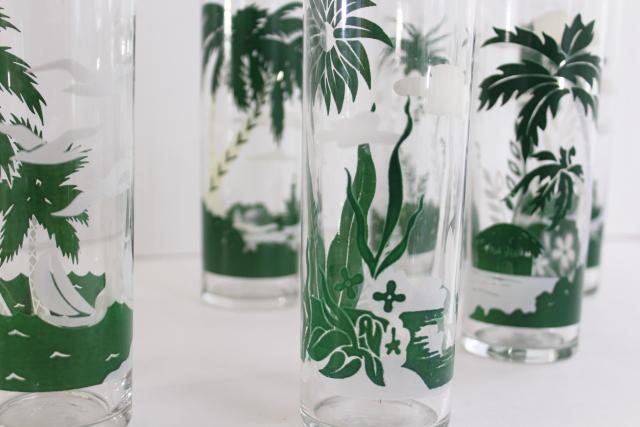 photo of vintage Libbey tiki zombie glasses, tall tumblers w/ tropical scenes, palm trees #3