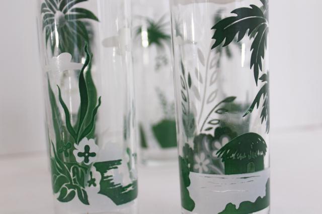 photo of vintage Libbey tiki zombie glasses, tall tumblers w/ tropical scenes, palm trees #4