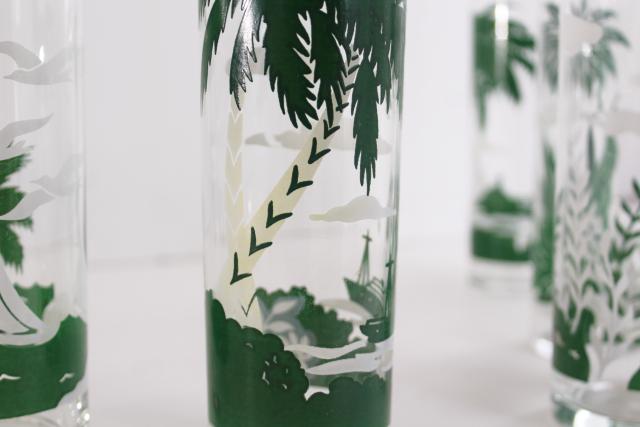 photo of vintage Libbey tiki zombie glasses, tall tumblers w/ tropical scenes, palm trees #6