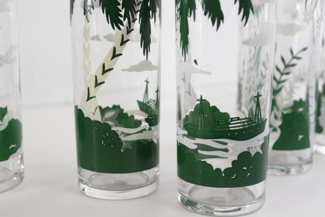 photo of vintage Libbey tiki zombie glasses, tall tumblers w/ tropical scenes, palm trees #7