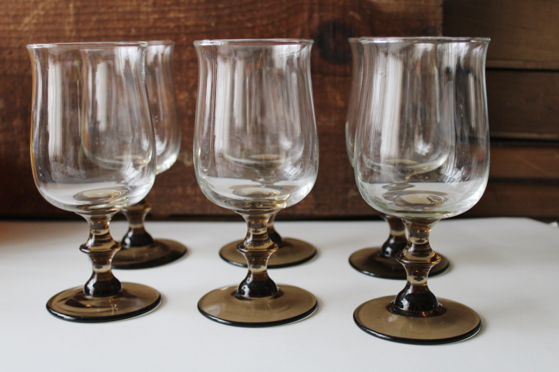 photo of vintage Libbey tulip shape water goblets or wine glasses, brown stems w/ clear bowls #1