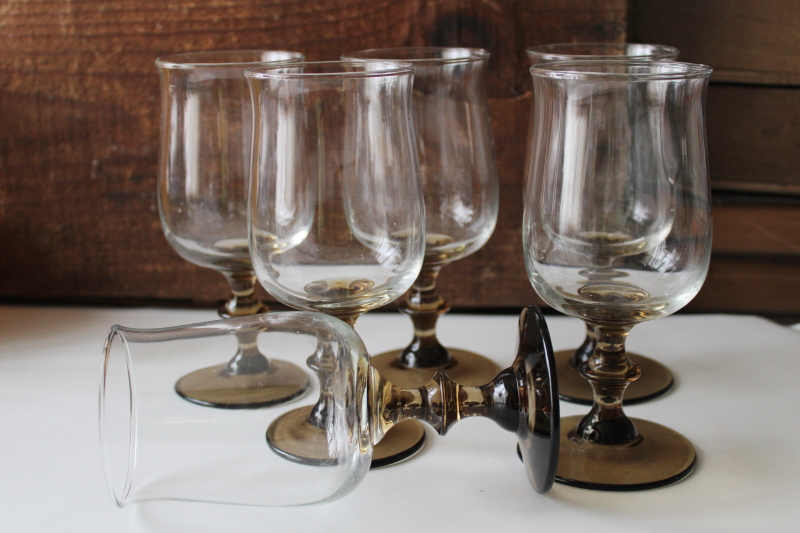 photo of vintage Libbey tulip shape water goblets or wine glasses, brown stems w/ clear bowls #2