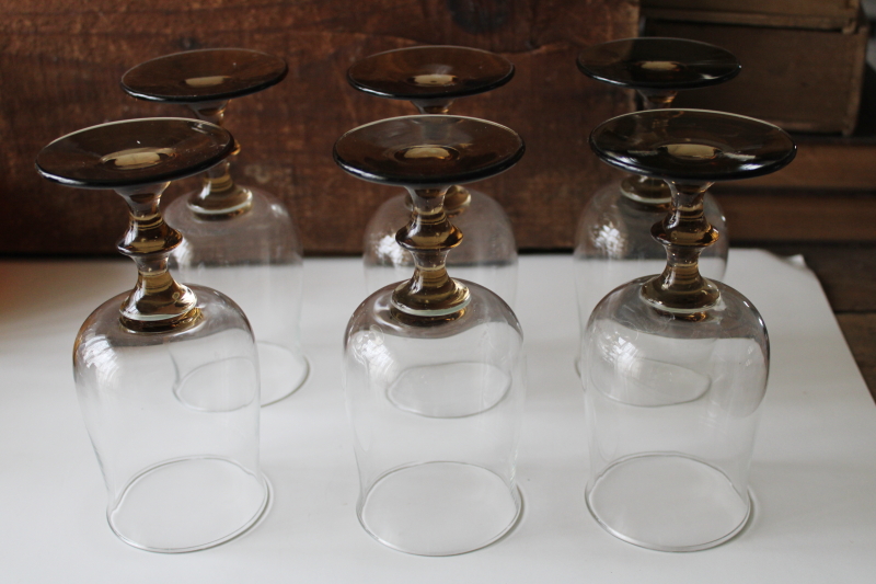 photo of vintage Libbey tulip shape water goblets or wine glasses, brown stems w/ clear bowls #3