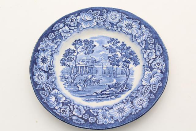 photo of vintage Liberty blue & white transferware china, Thomas Jefferson Monticello scene #4