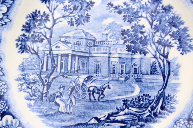 photo of vintage Liberty blue & white transferware china, Thomas Jefferson Monticello scene #6