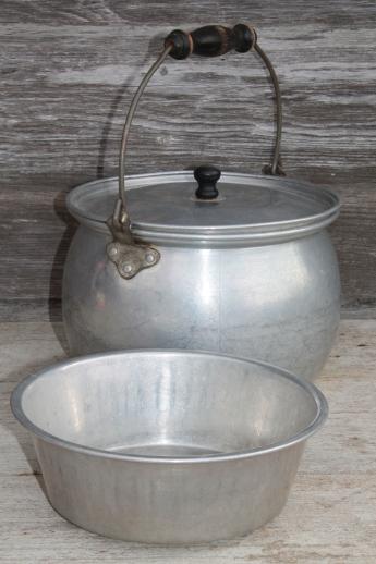 photo of vintage Lifetime aluminum kettle w/ wood handle wire bail & jelly strainer basket pot insert #1