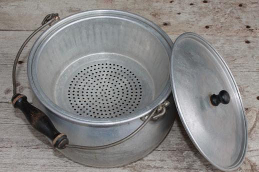 photo of vintage Lifetime aluminum kettle w/ wood handle wire bail & jelly strainer basket pot insert #2