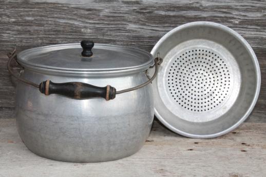 photo of vintage Lifetime aluminum kettle w/ wood handle wire bail & jelly strainer basket pot insert #5