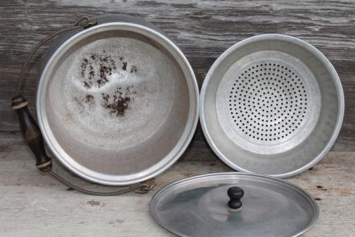 photo of vintage Lifetime aluminum kettle w/ wood handle wire bail & jelly strainer basket pot insert #6