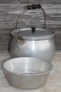 catalog photo of vintage Lifetime aluminum kettle w/ wood handle wire bail & jelly strainer basket pot insert