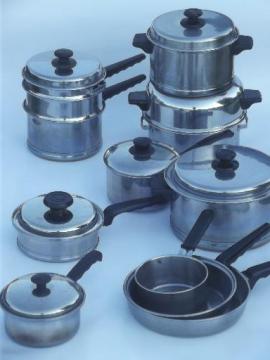 catalog photo of vintage Lifetime stainless pots & pans lot, egg poacher, double boiler