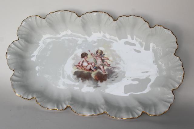 photo of vintage Limoges France Lanternier tray w/ oyster scalloped border, cherubs #1