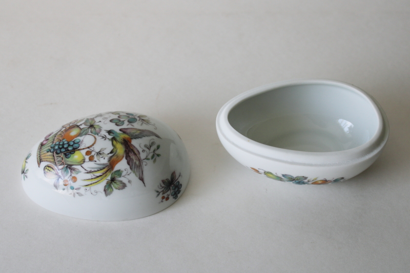 photo of vintage Limoges France porcelain egg shaped trinket box, bird of paradise and fruit basket #2