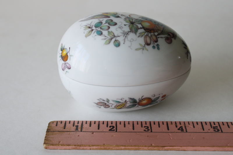photo of vintage Limoges France porcelain egg shaped trinket box, bird of paradise and fruit basket #3