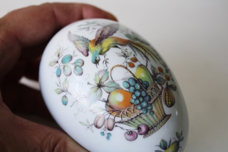 photo of vintage Limoges France porcelain egg shaped trinket box, bird of paradise and fruit basket #4