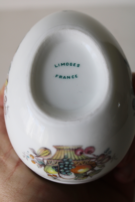 photo of vintage Limoges France porcelain egg shaped trinket box, bird of paradise and fruit basket #5