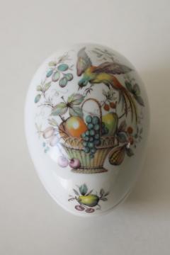 catalog photo of vintage Limoges France porcelain egg shaped trinket box, bird of paradise and fruit basket 