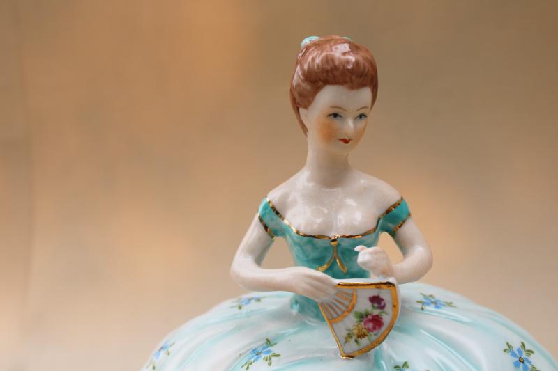 photo of vintage Limoges china trinket box, lady figurine w/ full skirt ball gown & fan #2