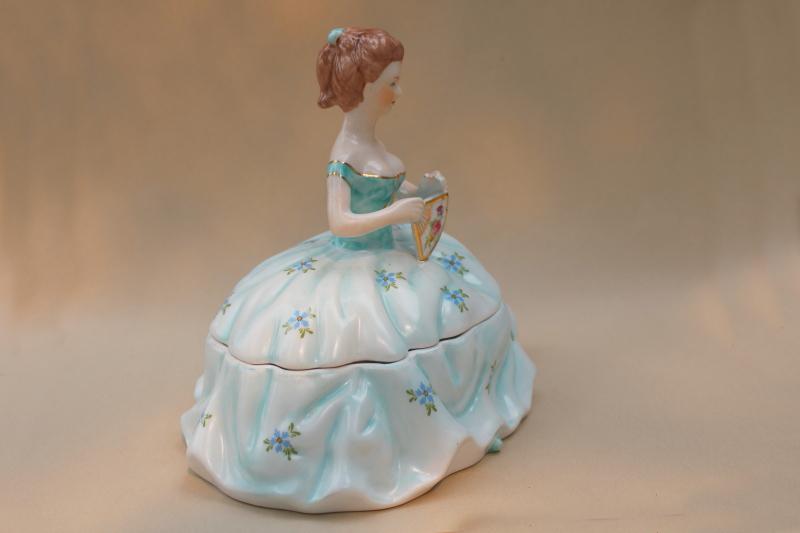 photo of vintage Limoges china trinket box, lady figurine w/ full skirt ball gown & fan #7