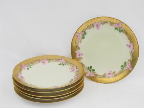 photo of vintage Limoges french china dessert plates, handpainted roses & gold #1