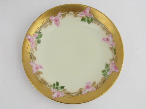 photo of vintage Limoges french china dessert plates, handpainted roses & gold #2