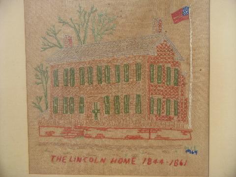 photo of vintage Lincoln's home needlework sampler in rustic antique adirondack frame #2