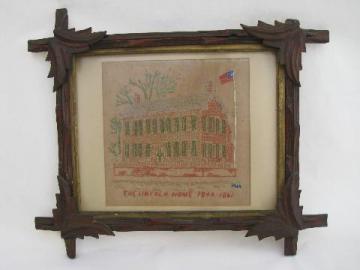 catalog photo of vintage Lincoln's home needlework sampler in rustic antique adirondack frame