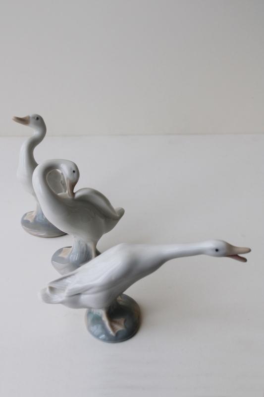 photo of vintage Lladro porcelain figurines, gaggle of geese #4551 #4552 #4553 #5