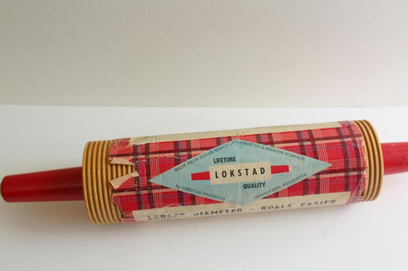 photo of vintage Lokstad label lefse rolling pin, ribbed maple hard wood w/ red handles #1