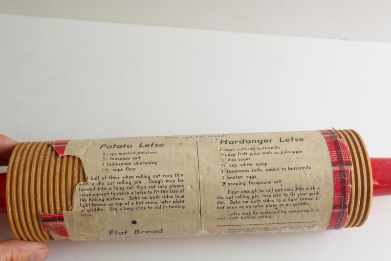 photo of vintage Lokstad label lefse rolling pin, ribbed maple hard wood w/ red handles #2