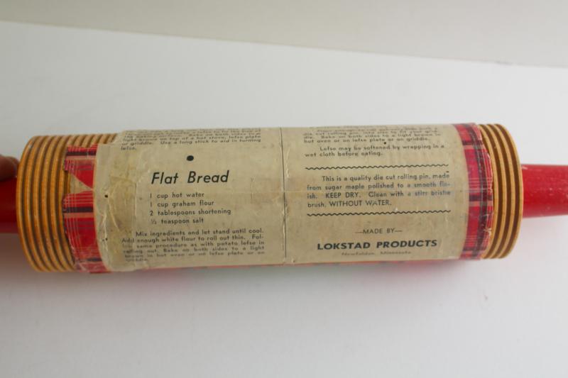 photo of vintage Lokstad label lefse rolling pin, ribbed maple hard wood w/ red handles #3