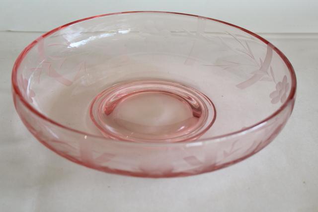 photo of vintage Lotus glass blush pink depression glass console bowl, bars & flowers etch cut #1